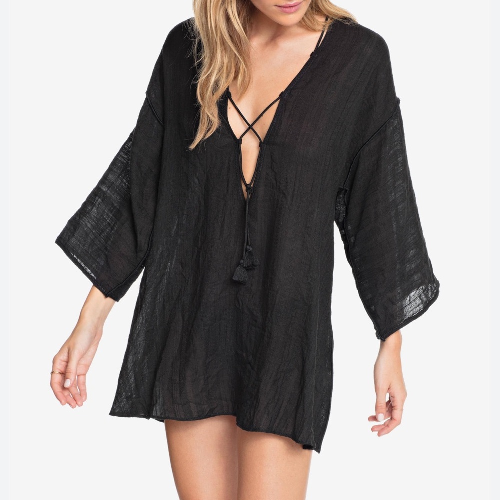 Robin Piccone Black Sheer V-Neck Tassel Swim Coverup